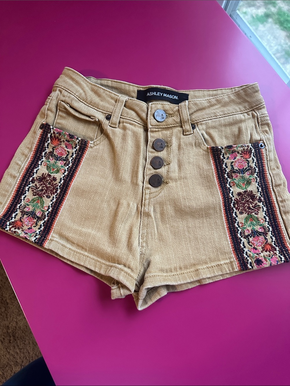 Ashley Mason Tan Denim Shorts with Floral Embroidered Panels